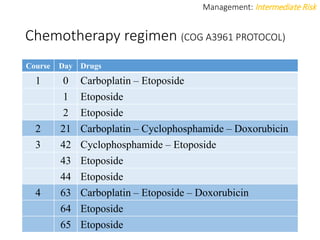 Chemotherapy regimen (COG A3961 PROTOCOL)
Course Day Drugs
1 0 Carboplatin – Etoposide
1 Etoposide
2 Etoposide
2 21 Carboplatin – Cyclophosphamide – Doxorubicin
3 42 Cyclophosphamide – Etoposide
43 Etoposide
44 Etoposide
4 63 Carboplatin – Etoposide – Doxorubicin
64 Etoposide
65 Etoposide
Management: Intermediate Risk
 