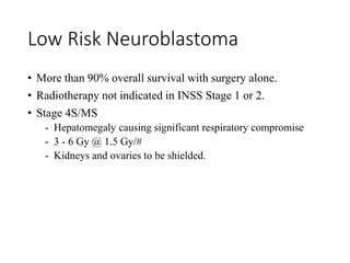 Low Risk Neuroblastoma
• More than 90% overall survival with surgery alone.
• Radiotherapy not indicated in INSS Stage 1 or 2.
• Stage 4S/MS
- Hepatomegaly causing significant respiratory compromise
- 3 - 6 Gy @ 1.5 Gy/#
- Kidneys and ovaries to be shielded.
 