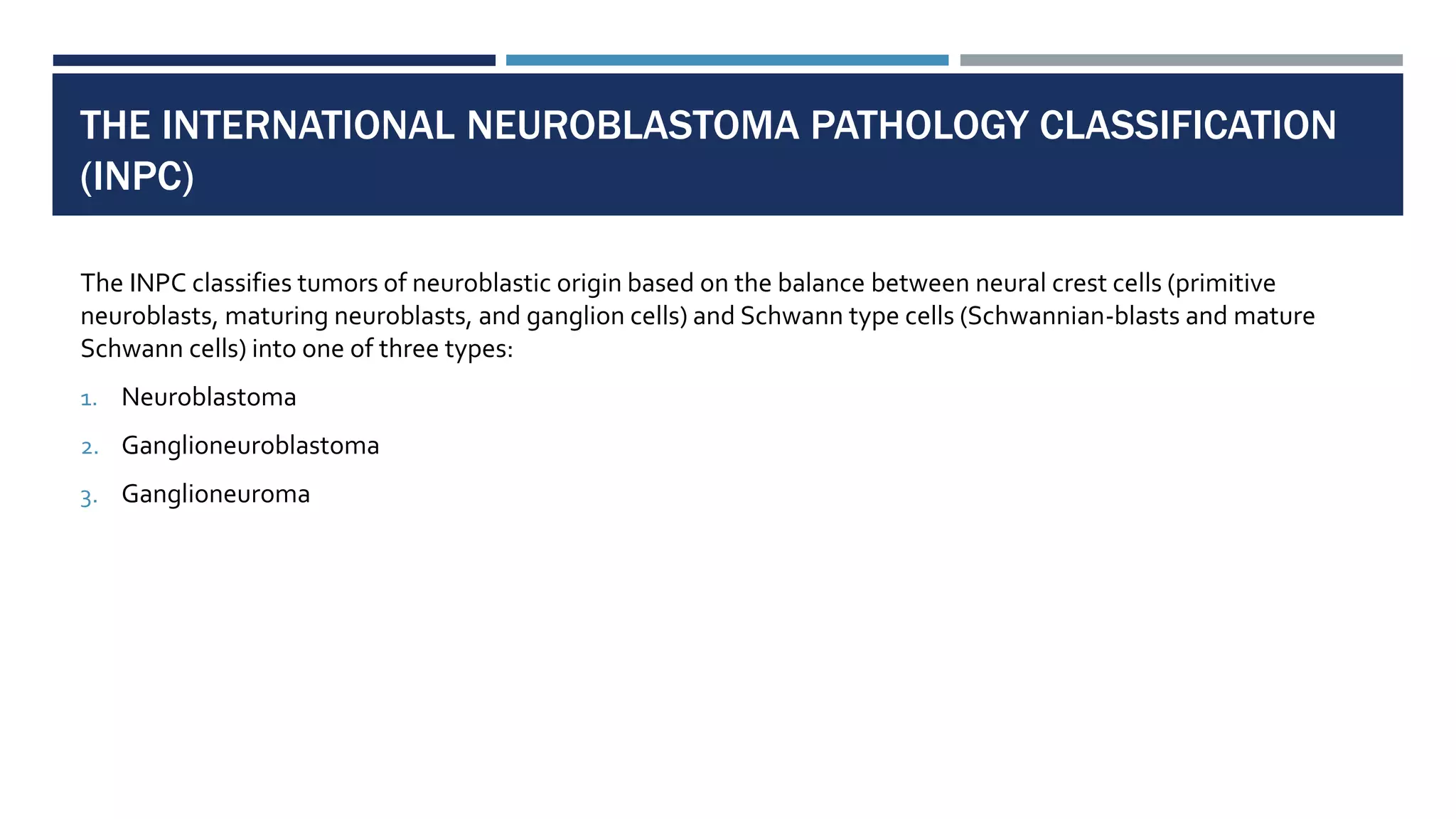 THE INTERNATIONAL NEUROBLASTOMA PATHOLOGY CLASSIFICATION
(INPC)
The INPC classifies tumors of neuroblastic origin based on the balance between neural crest cells (primitive
neuroblasts, maturing neuroblasts, and ganglion cells) and Schwann type cells (Schwannian-blasts and mature
Schwann cells) into one of three types:
1. Neuroblastoma
2. Ganglioneuroblastoma
3. Ganglioneuroma
 