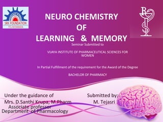 NEURO CHEMISTRY
OF
LEARNING & MEMORYSeminar Submitted to
VIJAYA INSTITUTE OF PHARMACEUTICAL SCIENCES FOR
WOMEN
In Partial Fulfillment of the requirement for the Award of the Degree
BACHELOR OF PHARMACY
Under the guidance of
Mrs. D.Santhi Krupa, M.Pharm
Associate professor
Department of Pharmacology
Submitted by: -
M. Tejasri
 