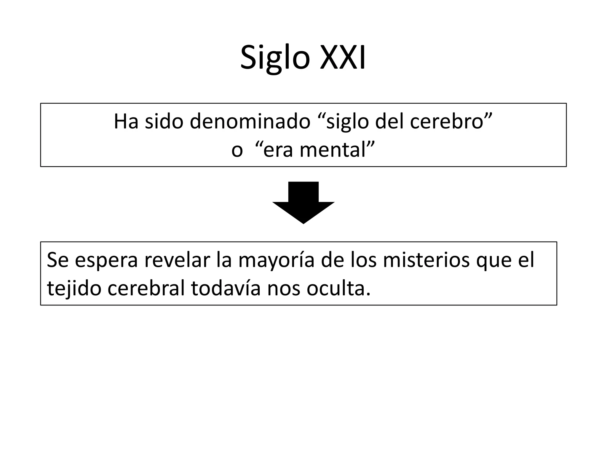 Siglo XXI
       Ha sido denominado “siglo del cerebro”
                  o “era mental”



Se espera revelar la mayoría de los misterios que el
tejido cerebral todavía nos oculta.
 