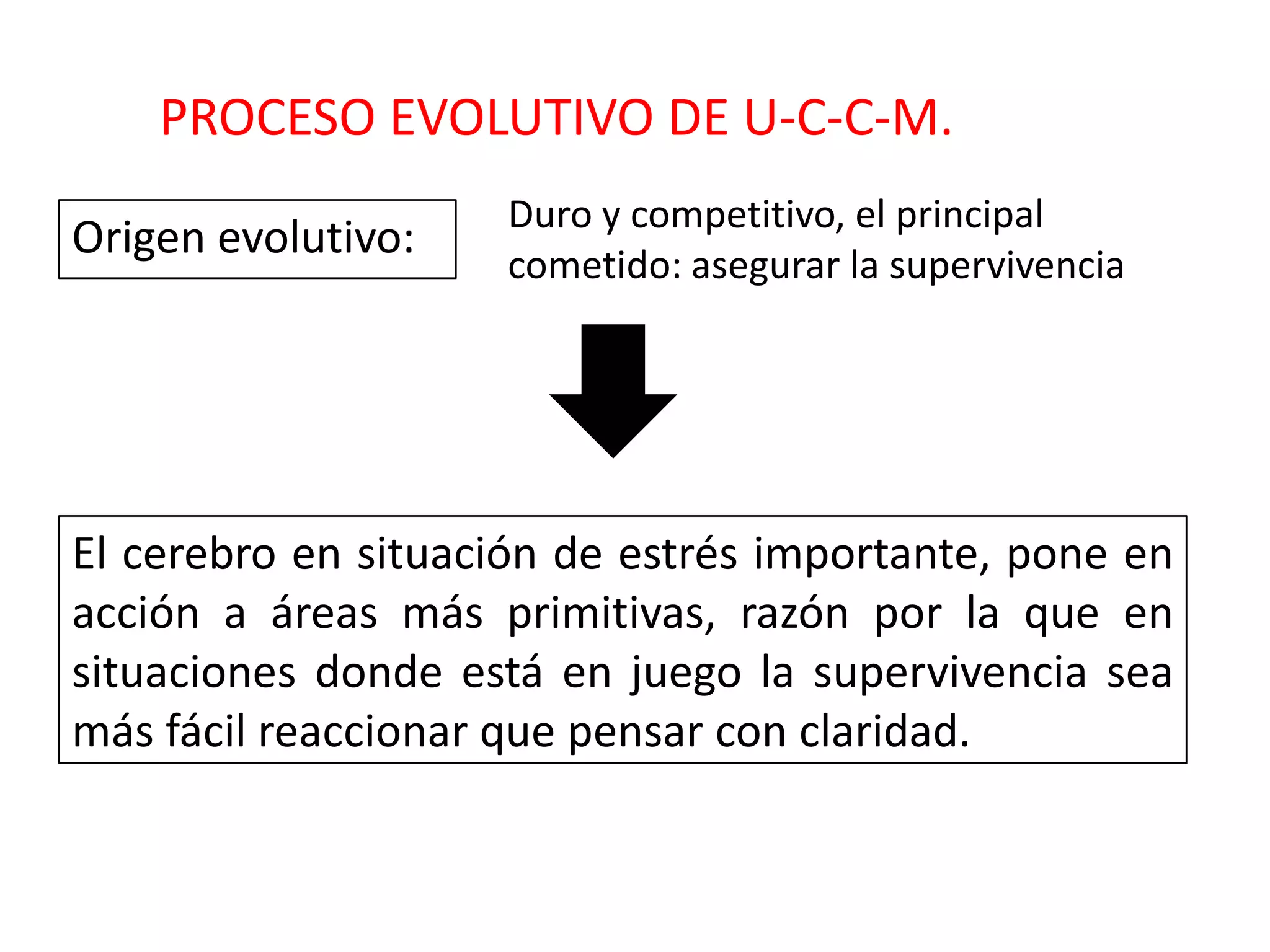 PROCESO EVOLUTIVO DE U-C-C-M.
                    Duro y competitivo, el principal
Origen evolutivo:
                    cometido: asegurar la supervivencia




El cerebro en situación de estrés importante, pone en
acción a áreas más primitivas, razón por la que en
situaciones donde está en juego la supervivencia sea
más fácil reaccionar que pensar con claridad.
 
