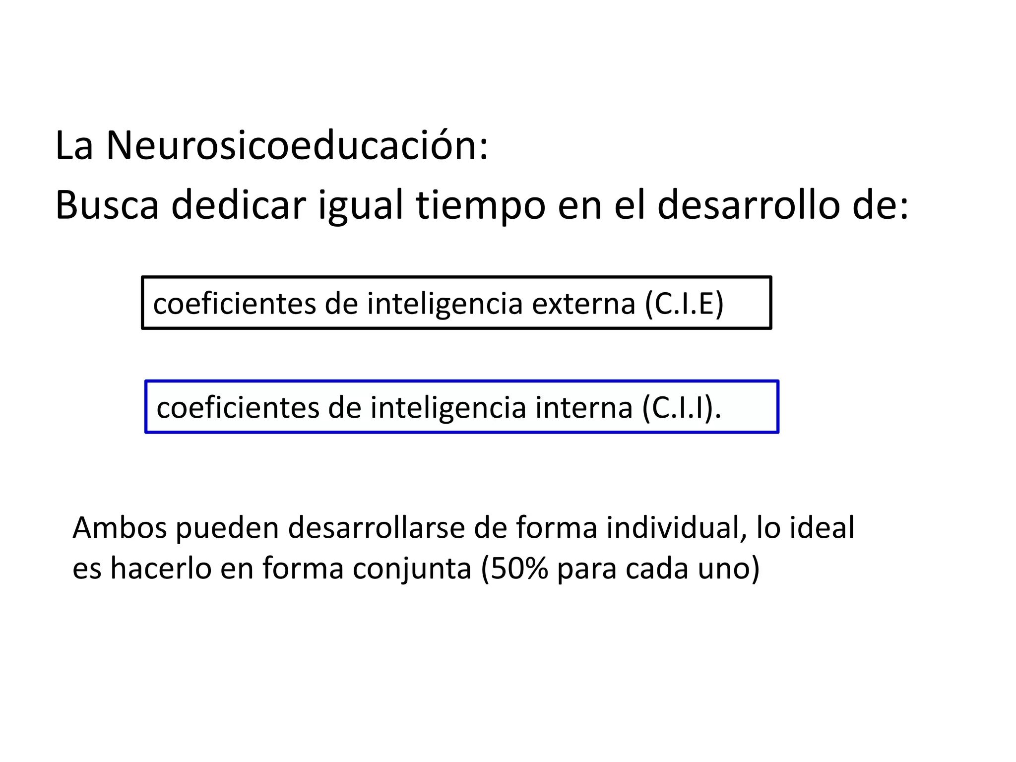 La Neurosicoeducación:
Busca dedicar igual tiempo en el desarrollo de:

     coeficientes de inteligencia externa (C.I.E)


      coeficientes de inteligencia interna (C.I.I).


Ambos pueden desarrollarse de forma individual, lo ideal
es hacerlo en forma conjunta (50% para cada uno)
 