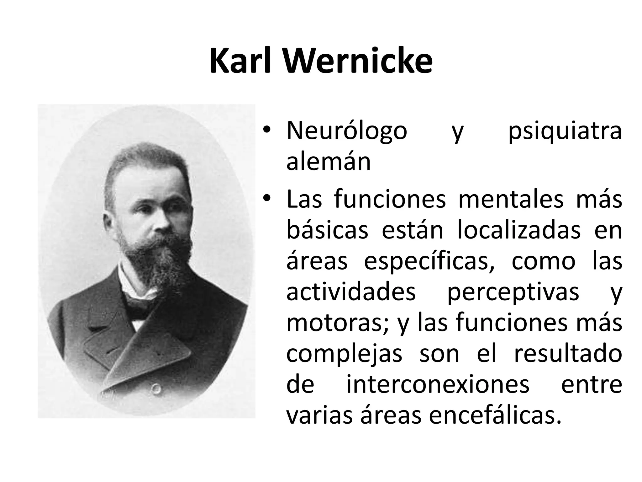 Karl Wernicke
   • Neurólogo      y   psiquiatra
     alemán
   • Las funciones mentales más
     básicas están localizadas en
     áreas específicas, como las
     actividades perceptivas y
     motoras; y las funciones más
     complejas son el resultado
     de interconexiones entre
     varias áreas encefálicas.
 
