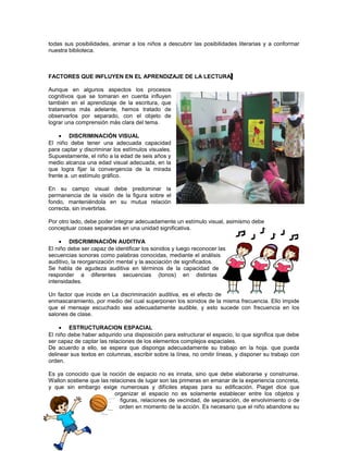todas sus posibilidades, animar a los niños a descubrir las posibilidades literarias y a conformar
nuestra biblioteca.

FACTORES QUE INFLUYEN EN EL APRENDIZAJE DE LA LECTURA
Aunque en algunos aspectos los procesos
cognitivos que se tomaran en cuenta influyen
también en el aprendizaje de la escritura, que
trataremos más adelante, hemos tratado de
observarlos por separado, con el objeto de
lograr una comprensión más clara del tema.
• DISCRIMINACIÓN VISUAL
El niño debe tener una adecuada capacidad
para captar y discriminar los estímulos visuales.
Supuestamente, el niño a la edad de seis años y
medio alcanza una edad visual adecuada, en la
que logra fijar la convergencia de la mirada
frente a. un estímulo gráfico.
En su campo visual debe predominar la
permanencia de la visión de la figura sobre el
fondo, manteniéndola en su mutua relación
correcta, sin invertirlas.
Por otro lado, debe poder integrar adecuadamente un estímulo visual, asimismo debe
conceptuar cosas separadas en una unidad significativa.
• DISCRIMINACIÓN AUDITIVA
El niño debe ser capaz de identificar los sonidos y luego reconocer las
secuencias sonoras como palabras conocidas, mediante el análisis
auditivo, la reorganización mental y la asociación de significados.
Se habla de agudeza auditiva en términos de la capacidad de
responder a diferentes secuencias (tonos) en distintas
intensidades.
Un factor que incide en La discriminación auditiva, es el efecto de
enmascaramiento, por medio del cual superponen los sonidos de la misma frecuencia. Ello impide
que el mensaje escuchado sea adecuadamente audible, y esto sucede con frecuencia en los
salones de clase.
• ESTRUCTURACION ESPACIAL
El niño debe haber adquirido una disposición para estructurar el espacio, lo que significa que debe
ser capaz de captar las relaciones de los elementos complejos espaciales.
De acuerdo a ello, se espera que disponga adecuadamente su trabajo en la hoja. que pueda
delinear sus textos en columnas, escribir sobre la línea, no omitir líneas, y disponer su trabajo con
orden.
Es ya conocido que la noción de espacio no es innata, sino que debe elaborarse y construirse.
Wallon sostiene que las relaciones de lugar son las primeras en emanar de la experiencia concreta,
y que sin embargo exige numerosas y difíciles etapas para su edificación. Piaget dice que
organizar el espacio no es solamente establecer entre los objetos y
figuras, relaciones de vecindad, de separación, de envolvimiento o de
orden en momento de la acción. Es necesario que el niño abandone su

 