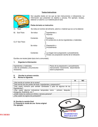 Textos Instructivos
Son aquellos textos en los que se dan instrucciones o indicaciones. La
información que presentan es objetiva y precisa. Por ejemplo: recetas,
elaborar un adorno o un material para el aula.
Partes de texto un instructivo
A)

Titulo

B)

Sub-Titulo:

:

Se indica el nombre del alimento, adorno o material que se va ha elaborar.
Se indica

Ingredientes o
Insumos

Contenido

Cantidad y
El nombre de c/u de los ingredientes o materiales.

Se indica

Preparación o
Procedimiento

Contenido

La imagen de la preparación o procedimiento.
Al lado una proposición escrita de la indicación.

C) 2° Sub Titulo:

Escribe una receta (plato típico de tu comunidad).
1.

Organiza la Información:

Ingredientes o materiales.
Lista de cantidades y de productos
necesarios.

II.
III.

Pasos de la preparación o procedimiento
mencionarlos brevemente, desarrollando
toda la preparación.

Escribe tu primera versión.
Revisa lo siguiente.
SI

¿Has escrito el nombre de la receta?
¿Has escrito las dos partes del texto: Ingredientes y preparación?
¿Has usado números para señalar cantidades o peso de algunos de los
ingredientes?
¿Has usado algunos indicadores temporales como : primero, después,
enseguida, finalmente, etc.?
¿Están todos los verbos en infinito o tercera persona?
¿Has usado los signos de puntuación?
IV. Escribe tu versión final
V. Presenta tu receta de una forma original
Por ejemplo:

CEVICHE
PUCHERO

INGREDIENTES
PREPARACIÓN

NO

 