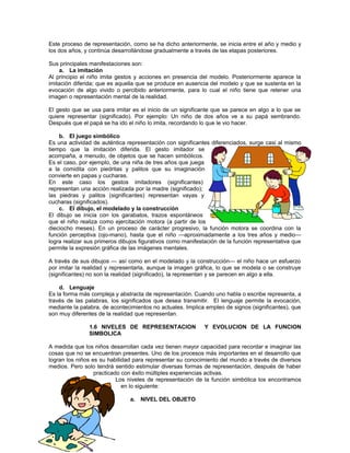Este proceso de representación, como se ha dicho anteriormente, se inicia entre el año y medio y
los dos años, y continúa desarrollándose gradualmente a través de las etapas posteriores.
Sus principales manifestaciones son:
a. La imitación
Al principio el niño imita gestos y acciones en presencia del modelo. Posteriormente aparece la
imitación diferida; que es aquella que se produce en ausencia del modelo y que se sustenta en la
evocación de algo vivido o percibido anteriormente, para lo cual el niño tiene que retener una
imagen o representación mental de la realidad.
El gesto que se usa para imitar es el inicio de un significante que se parece en algo a lo que se
quiere representar (significado). Por ejemplo: Un niño de dos años ve a su papá sembrando.
Después que el papá se ha ido el niño lo imita, recordando lo que le vio hacer.
b. El juego simbólico
Es una actividad de auténtica representación con significantes diferenciados, surge casi al mismo
tiempo que la imitación diferida. El gesto imitador se
acompaña, a menudo, de objetos que se hacen simbólicos.
Es el caso, por ejemplo, de una niña de tres años que juega
a la comidita con piedritas y palitos que su imaginación
convierte en papas y cucharas.
En este caso los gestos imitadores (significantes)
representan una acción realizada por la madre (significado);
las piedras y palitos (significantes) representan vayas y
cucharas (significados).
c. El dibujo, el modelado y la construcción
El dibujo se inicia con los garabatos, trazos espontáneos
que el niño realiza como ejercitación motora (a partir de los
dieciocho meses). En un proceso de carácter progresivo, la función motora se coordina con la
función perceptiva (ojo-mano), hasta que el niño —aproximadamente a los tres años y medio—
logra realizar sus primeros dibujos figurativos como manifestación de la función representativa que
permite la expresión gráfica de las imágenes mentales.
A través de sus dibujos — así como en el modelado y la construcción— el niño hace un esfuerzo
por imitar la realidad y representarla, aunque la imagen gráfica, lo que se modela o se construye
(significantes) no son la realidad (significado), la representan y se parecen en algo a ella.
d. Lenguaje
Es la forma más compleja y abstracta de representación. Cuando uno habla o escribe representa, a
través de las palabras, los significados que desea transmitir. El lenguaje permite la evocación,
mediante la palabra, de acontecimientos no actuales. Implica empleo de signos (significantes), que
son muy diferentes de la realidad que representan.
1.6 NIVELES DE REPRESENTACION
SIMBOLICA

Y EVOLUCION DE LA FUNCION

A medida que los niños desarrollan cada vez tienen mayor capacidad para recordar e imaginar las
cosas que no se encuentran presentes. Uno de los procesos más importantes en el desarrollo que
logran los niños es su habilidad para representar su conocimiento del mundo a través de diversos
medios. Pero solo tendrá sentido estimular diversas formas de representación, después de haber
practicado con éxito múltiples experiencias activas.
Los niveles de representación de la función simbólica los encontramos
en lo siguiente:
a. NIVEL DEL OBJETO

 