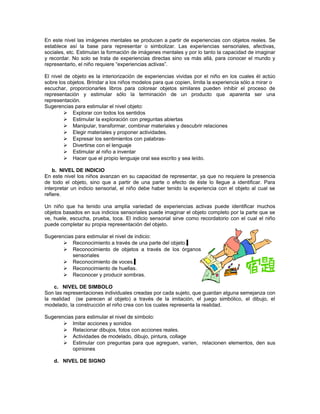 En este nivel las imágenes mentales se producen a partir de experiencias con objetos reales. Se
establece así la base para representar o simbolizar. Las experiencias sensoriales, afectivas,
sociales, etc. Estimulan la formación de imágenes mentales y por lo tanto la capacidad de imaginar
y recordar. No solo se trata de experiencias directas sino va más allá, para conocer el mundo y
representarlo, el niño requiere “experiencias activas”.
El nivel de objeto es la interiorización de experiencias vividas por el niño en los cuales él actúo
sobre los objetos. Brindar a los niños modelos para que copien, limita la experiencia sólo a mirar o
escuchar, proporcionarles libros para colorear objetos similares pueden inhibir el proceso de
representación y estimular sólo la terminación de un producto que aparenta ser una
representación.
Sugerencias para estimular el nivel objeto:
 Explorar con todos los sentidos
 Estimular la exploración con preguntas abiertas
 Manipular, transformar, combinar materiales y descubrir relaciones
 Elegir materiales y proponer actividades.
 Expresar los sentimientos con palabras Divertirse con el lenguaje
 Estimular al niño a inventar
 Hacer que el propio lenguaje oral sea escrito y sea leído.
b. NIVEL DE INDICIO
En este nivel los niños avanzan en su capacidad de representar, ya que no requiere la presencia
de todo el objeto, sino que a partir de una parte o efecto de éste lo llegue a identificar. Para
interpretar un indicio sensorial, el niño debe haber tenido la experiencia con el objeto al cual se
refiere.
Un niño que ha tenido una amplia variedad de experiencias activas puede identificar muchos
objetos basados en sus indicios sensoriales puede imaginar el objeto completo por la parte que se
ve, huele, escucha, prueba, toca. El indicio sensorial sirve como recordatorio con el cual el niño
puede completar su propia representación del objeto.
Sugerencias para estimular el nivel de indicio:
 Reconocimiento a través de una parte del objeto.
 Reconocimiento de objetos a través de los órganos
sensoriales
 Reconocimiento de voces.
 Reconocimiento de huellas.
 Reconocer y producir sombras.
c. NIVEL DE SIMBOLO
Son las representaciones individuales creadas por cada sujeto, que guardan alguna semejanza con
la realidad (se parecen al objeto) a través de la imitación, el juego simbólico, el dibujo, el
modelado, la construcción el niño crea con los cuales representa la realidad.
Sugerencias para estimular el nivel de símbolo:
 Imitar acciones y sonidos
 Relacionar dibujos, fotos con acciones reales.
 Actividades de modelado, dibujo, pintura, collage
 Estimular con preguntas para que agreguen, varíen, relacionen elementos, den sus
opiniones
d. NIVEL DE SIGNO

 