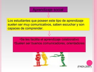 Aprendizaje social
Los estudiantes que poseen este tipo de aprendizaje
suelen ser muy comunicativos, saben escuchar y son
capaces de comprender.
•Se les facilita el aprendizaje colaborativo
•Suelen ser buenos comunicadores, orientadores
.
(FAEA,2007)
 