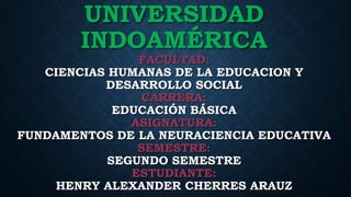 UNIVERSIDAD
INDOAMÉRICA
FACULTAD:
CIENCIAS HUMANAS DE LA EDUCACION Y
DESARROLLO SOCIAL
CARRERA:
EDUCACIÓN BÁSICA
ASIGNATURA:
FUNDAMENTOS DE LA NEURACIENCIA EDUCATIVA
SEMESTRE:
SEGUNDO SEMESTRE
ESTUDIANTE:
HENRY ALEXANDER CHERRES ARAUZ
 