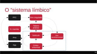 14
O “sistema límbico”
Giro cingulado
Giro
parahipocampal
Córtex
entorrinal
Subículo
Tálamo
anterior
N. mamilar
PFC
Amy
Hyp
 