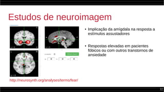32
Estudos de neuroimagem
● Implicação da amígdala na resposta a
estímulos assustadores
● Respostas elevadas em pacientes
fóbicos ou com outros transtornos de
ansiedade
http://neurosynth.org/analyses/terms/fear/
 