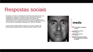 37
Respostas sociais
●
“Pacientes com lesão na amígdala não mostram graves prejuízos em suas
habilidades de responder a estímulos sociais. Eles podem interpretar
descrições de situações emocionais corretamente e podem dar
cassificações normais à prosódia emocional, ou sejaos sons falados que
indicam emoção, por exemplo, quando uma pessoa está falando em um tom
de voz bravo ou amedrontado” (Gazaniga et al., 2006, pp. 583-588).
●
Achado clássico (Ralph Adolphs): pacientes com dano amigdalar são
particularmente prejudicados em avaliar expressões faciais de medo
 