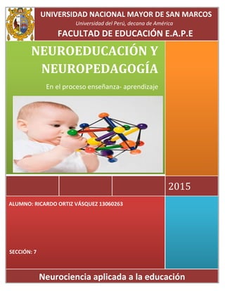 Neurociencia aplicada a la educación
2015
NEUROEDUCACIÓN Y
NEUROPEDAGOGÍA
En el proceso enseñanza- aprendizaje
UNIVERSIDAD NACIONAL MAYOR DE SAN MARCOS
Universidad del Perú, decana de América
FACULTAD DE EDUCACIÓN E.A.P.E
ALUMNO: RICARDO ORTIZ VÁSQUEZ 13060263
SECCIÓN: 7
 
