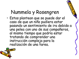 Nummela y Rosengren  Estos plantean que se puede dar el caso de que un niño pudiera estar pasando un sentimiento de ira debido a una pelea con uno de sus compañeros, al mismo tiempo que podría estar tratando de comprender una instrucción compleja para la realización de una tarea.  