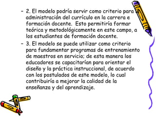 2. El modelo podría servir como criterio para la administración del currículo en la carrera e formación docente.  Esto permitiría formar teórica y metodológicamente en este campo, a los estudiantes de formación docente. 3. El modelo se puede utilizar como criterio para fundamentar programas de entrenamiento de maestros en servicio; de esta manera los educadores se capacitarían para orientar el diseño y la práctica instruccional, de acuerdo con los postulados de este modelo, lo cual contribuiría a mejorar la calidad de la enseñanza y del aprendizaje.  