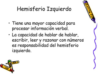 Hemisferio Izquierdo Tiene una mayor capacidad para procesar información verbal. La capacidad de hablar de hablar, escribir, leer y razonar con números es responsabilidad del hemisferio izquierdo. 