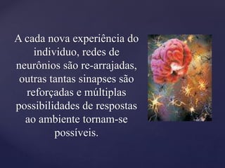 A cada nova experiência do
individuo, redes de
neurônios são re-arrajadas,
outras tantas sinapses são
reforçadas e múltiplas
possibilidades de respostas
ao ambiente tornam-se
possíveis.
 