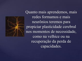 Quanto mais aprendemos, mais
redes formamos e mais
neurônios teremos para
propiciar plasticidade cerebral
nos momentos de necessidade,
como na velhice ou na
recuperação da perda de
capacidades.
 