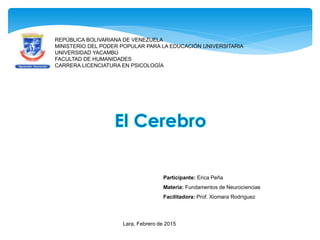 REPÚBLICA BOLIVARIANA DE VENEZUELA
MINISTERIO DEL PODER POPULAR PARA LA EDUCACIÓN UNIVERSITARIA
UNIVERSIDAD YACAMBÚ
FACULTAD DE HUMANIDADES
CARRERA LICENCIATURA EN PSICOLOGÍA
Participante: Erica Peña
Materia: Fundamentos de Neurociencias
Facilitadora: Prof. Xiomara Rodríguez
Lara, Febrero de 2015
 