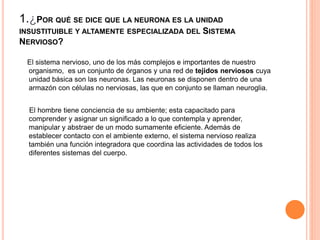 1.¿POR QUÉ SE DICE QUE LA NEURONA ES LA UNIDAD
INSUSTITUIBLE Y ALTAMENTE ESPECIALIZADA DEL SISTEMA
NERVIOSO?
El sistema nervioso, uno de los más complejos e importantes de nuestro
organismo, es un conjunto de órganos y una red de tejidos nerviosos cuya
unidad básica son las neuronas. Las neuronas se disponen dentro de una
armazón con células no nerviosas, las que en conjunto se llaman neuroglia.
El hombre tiene conciencia de su ambiente; esta capacitado para
comprender y asignar un significado a lo que contempla y aprender,
manipular y abstraer de un modo sumamente eficiente. Además de
establecer contacto con el ambiente externo, el sistema nervioso realiza
también una función integradora que coordina las actividades de todos los
diferentes sistemas del cuerpo.
 