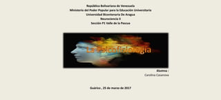 República Bolivariana de Venezuela
Ministerio del Poder Popular para la Educación Universitaria
Universidad Bicentenaria De Aragua
Neurociencia II
Sección P1 Valle de la Pascua
Alumna :
Carolina Casanova
Guárico , 25 de marzo de 2017
 