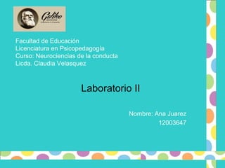 Facultad de Educación
Licenciatura en Psicopedagogía
Curso: Neurociencias de la conducta
Licda. Claudia Velasquez



                      Laboratorio II

                                      Nombre: Ana Juarez
                                               12003647
 