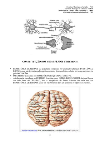 Prefeitura Municipal de Salvador – PMS
Secretaria Municipal da Educação – SMED
Coordenação de Ensino e Apoio Pedagógico – CENAP
Coordenação Regional de Ensino Orla – CRE
-2-
CONSTITUIÇÃO DOS HEMISFÉRIOS CEREBRAIS
• HEMISFÉRIOS CEREBRAIS são estruturas compostas por um núcleo chamado SUBSTÂNCIA
BRANCA que são formadas pelos prolongamentos dos neurônios, células nervosas responsáveis
pela COGNIÇÃO.
• O CÉREBRO é dividido em HEMISFÉRIOS ESQUERDO e DIREITO.
• A informação que chega ao CÉREBRO é sentida como ESTÍMULO SENSORIAL de igual forma
dos dois lados do CÉREBRO, mas é interpretada de forma diferente em cada um dos
HEMISFÉRIOS CEREBRAIS. Cada um é especialista para um conjunto de operações distintas.
 