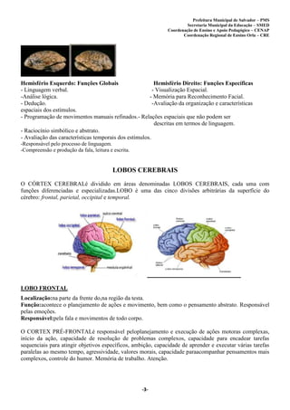 Prefeitura Municipal de Salvador – PMS
Secretaria Municipal da Educação – SMED
Coordenação de Ensino e Apoio Pedagógico – CENAP
Coordenação Regional de Ensino Orla – CRE
-3-
Hemisfério Esquerdo: Funções Globais Hemisfério Direito: Funções Específicas
- Linguagem verbal. - Visualização Espacial.
-Análise lógica. - Memória para Reconhecimento Facial.
- Dedução. -Avaliação da organização e características
espaciais dos estímulos.
- Programação de movimentos manuais refinados.- Relações espaciais que não podem ser
descritas em termos de linguagem.
- Raciocínio simbólico e abstrato.
- Avaliação das características temporais dos estímulos.
-Responsável pelo processo de linguagem.
-Compreensão e produção da fala, leitura e escrita.
LOBOS CEREBRAIS
O CÓRTEX CEREBRALé dividido em áreas denominadas LOBOS CEREBRAIS, cada uma com
funções diferenciadas e especializadas.LOBO é uma das cinco divisões arbitrárias da superfície do
cérebro: frontal, parietal, occipital e temporal.
LOBO FRONTAL
Localização:na parte da frente do,na região da testa.
Função:acontece o planejamento de ações e movimento, bem como o pensamento abstrato. Responsável
pelas emoções.
Responsável:pela fala e movimentos de todo corpo.
O CORTEX PRÉ-FRONTALé responsável peloplanejamento e execução de ações motoras complexas,
início da ação, capacidade de resolução de problemas complexos, capacidade para encadear tarefas
sequenciais para atingir objetivos específicos, ambição, capacidade de aprender e executar várias tarefas
paralelas ao mesmo tempo, agressividade, valores morais, capacidade paraacompanhar pensamentos mais
complexos, controle do humor. Memória de trabalho. Atenção.
 