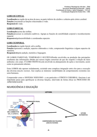 Prefeitura Municipal de Salvador – PMS
Secretaria Municipal da Educação – SMED
Coordenação de Ensino e Apoio Pedagógico – CENAP
Coordenação Regional de Ensino Orla – CRE
-4-
LOBO OCCIPITAL
Localização:na região da na área da nuca, na parte inferior do cérebro e cobertos pelo córtex cerebral.
Função:concentram as funções relacionadas à visão.
Responsável: visão.
LOBO PARIETAL
Localização:acima das orelhas.
Função:processar os estímulos auditivos. Agrupa as funções de sensibilidade corporal e reconhecimento
espacial.
Responsável:pelasensibilidade e coordenadas espaciais.
LOBO TEMPORAL
Localização:na região lateral, sob a orelha.
Função:representa a audição, aspectos elaborados a visão, compreensão linguística e alguns aspectos da
memória.
Responsável:pela audição, memória e linguagem.
OS LOBOS PARIETAIS, TEMPORAIS E OCCIPITAISestão envolvidos na produção das percepções
resultantes das informações obtidas por nossos órgãos sensoriais do que diz respeito à relação do meio
ambiente e do corpo. O LOBO FRONTALestá envolvido no planejamento de ações e movimento, assim
como no pensamento abstrato.
Estes LOBOS não operam isoladamente, existindo uma complexa integração entre eles para a execução
das diversas funções mentais. Isso explica as inúmeras variabilidades de comportamento existentes nos
seres humanos.
Compreender como o SISTEMA NERVOSO - e em particular o CÓRTEX CEREBRAL–funciona é um
importante passo para aperfeiçoar as diversas funções, intervindo de forma eficaz no PROCESSO DE
APRENDIZAGEM.
NEUROCIÊNCIA E EDUCAÇÃO
LEITURA
ESTÍMULO
DO AMBIENTE
EX.: CANETA LEITURA
AUTOMÁTICA
COMPREENSÃO DAS PALAVRAS
LIDAS OU OUVIDAS
INFORMAÇÃO VISUAL
 