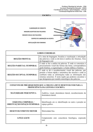 Prefeitura Municipal de Salvador – PMS
Secretaria Municipal da Educação – SMED
Coordenação de Ensino e Apoio Pedagógico – CENAP
Coordenação Regional de Ensino Orla – CRE
-5-
ESCRITA
LOBOS CEREBRAIS
REGIÃO FRONTAL
É a área da linguagem. Focaliza a vocalização e articulação
das palavras e onde se dá início à análise dos fonemas. Área
da linguagem oral.
REGIÃO PARIETAL-TEMPORAL
É onde se faz a análise de palavras. É onde se concretiza o
processamento visual das formas das letras, correspondência
grafo-fonética, a segmentação e a fusão silábica e fonética.
REGIÃO OCCIPTAL-TEMPORAL
É onde se dá o reconhecimento visual das palavras, que
permite a leitura rápida e automática das mesmas e onde se
confluem todas as informações todas as informações dos
sistemas sensoriais. É nesta região que podemos encontrar o
que designamos por modelo neurológico das palavras.
CONJUNTO DE PRÉ-REQUISITO QUE A CRIANÇA DEVE DESENVOLVER PARA A
PROFICIÊNCIA DA LEITURA E ESCRITA
MATURIDADE PERCEPTIVA Auditiva, visual, dominância lateral, reconhecimento da
dominância lateral.
ESQUEMA CORPORAL /
ORIENTAÇÃO ESPAÇO-TEMPORAL
Identificação em si, identificação no outro e posição no
espaço gráfico.
DESENVOLVIMENTO MOTOR Motricidade fina.
LINGUAGEM Compreensão oral, consciência fonológica, expressão
oral.
ELABORAÇÃO DE CONCEITO
IMAGENS AUDITIVAS DAS PALAVRAS
IMAGEM VISUAL DAS PALAVRAS
CENTRO DE ELABORAÇÃO DA ESCRITA
ARTICULAÇÃO DOS FONEMAS
 