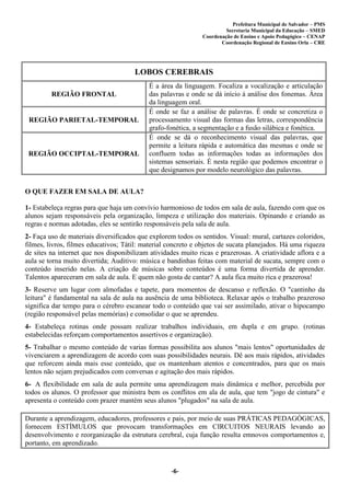 Prefeitura Municipal de Salvador – PMS
Secretaria Municipal da Educação – SMED
Coordenação de Ensino e Apoio Pedagógico – CENAP
Coordenação Regional de Ensino Orla – CRE
-6-
LOBOS CEREBRAIS
REGIÃO FRONTAL
É a área da linguagem. Focaliza a vocalização e articulação
das palavras e onde se dá início à análise dos fonemas. Área
da linguagem oral.
REGIÃO PARIETAL-TEMPORAL
É onde se faz a análise de palavras. É onde se concretiza o
processamento visual das formas das letras, correspondência
grafo-fonética, a segmentação e a fusão silábica e fonética.
REGIÃO OCCIPTAL-TEMPORAL
É onde se dá o reconhecimento visual das palavras, que
permite a leitura rápida e automática das mesmas e onde se
confluem todas as informações todas as informações dos
sistemas sensoriais. É nesta região que podemos encontrar o
que designamos por modelo neurológico das palavras.
O QUE FAZER EM SALA DE AULA?
1- Estabeleça regras para que haja um convívio harmonioso de todos em sala de aula, fazendo com que os
alunos sejam responsáveis pela organização, limpeza e utilização dos materiais. Opinando e criando as
regras e normas adotadas, eles se sentirão responsáveis pela sala de aula.
2- Faça uso de materiais diversificados que explorem todos os sentidos. Visual: mural, cartazes coloridos,
filmes, livros, filmes educativos; Tátil: material concreto e objetos de sucata planejados. Há uma riqueza
de sites na internet que nos disponibilizam atividades muito ricas e prazerosas. A criatividade aflora e a
aula se torna muito divertida; Auditivo: música e bandinhas feitas com material de sucata, sempre com o
conteúdo inserido nelas. A criação de músicas sobre conteúdos é uma forma divertida de aprender.
Talentos apareceram em sala de aula. E quem não gosta de cantar? A aula fica muito rica e prazerosa!
3- Reserve um lugar com almofadas e tapete, para momentos de descanso e reflexão. O "cantinho da
leitura" é fundamental na sala de aula na ausência de uma biblioteca. Relaxar após o trabalho prazeroso
significa dar tempo para o cérebro escanear todo o conteúdo que vai ser assimilado, ativar o hipocampo
(região responsável pelas memórias) e consolidar o que se aprendeu.
4- Estabeleça rotinas onde possam realizar trabalhos individuais, em dupla e em grupo. (rotinas
estabelecidas reforçam comportamentos assertivos e organização).
5- Trabalhar o mesmo conteúdo de varias formas possibilita aos alunos "mais lentos" oportunidades de
vivenciarem a aprendizagem de acordo com suas possibilidades neurais. Dê aos mais rápidos, atividades
que reforcem ainda mais esse conteúdo, que os mantenham atentos e concentrados, para que os mais
lentos não sejam prejudicados com conversas e agitação dos mais rápidos.
6- A flexibilidade em sala de aula permite uma aprendizagem mais dinâmica e melhor, percebida por
todos os alunos. O professor que ministra bem os conflitos em ala de aula, que tem "jogo de cintura" e
apresenta o conteúdo com prazer mantém seus alunos "plugados" na sala de aula.
Durante a aprendizagem, educadores, professores e pais, por meio de suas PRÁTICAS PEDAGÓGICAS,
fornecem ESTÍMULOS que provocam transformações em CIRCUITOS NEURAIS levando ao
desenvolvimento e reorganização da estrutura cerebral, cuja função resulta emnovos comportamentos e,
portanto, em aprendizado.
 