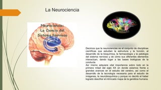 La Neurociencia
Decimos que la neurociencias es el conjunto de disciplinas
científicas que estudian la estructura y la función, el
desarrollo de la bioquímica, la farmacología y la patología
del sistema nervioso y de cómo sus diferentes elementos
interactúan, dando lugar a las bases biológicas de la
conducta.
Así mismo adquiere vital importancia sobro todo en la
primera mitad del siglo XX en donde estamos frente a
grandes avances en el estudio del cerebro, así como el
desarrollo de la tecnología necesaria para el estudio de
imágenes, la neurobioquímica y porque no decirlo el haber
logrado descifrar el intrincado mapa de la genética humana.
 