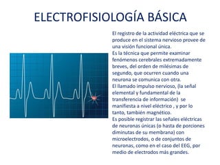 ELECTROFISIOLOGÍA BÁSICA
El registro de la actividad eléctrica que
se produce en el sistema nervioso
provee de una visión funcional única.
Es la técnica que permite examinar
fenómenos cerebrales extremadamente
breves, del orden de milésimas de
segundo, que ocurren cuando una
neurona se comunica con otra.
El llamado impulso nervioso, (la señal
elemental y fundamental de la
transferencia de información) se
manifiesta a nivel eléctrico , y por lo
tanto, también magnético.
Es posible registrar las señales eléctricas
de neuronas únicas (o hasta de
porciones diminutas de su membrana)
con microelectrodos, o de conjuntos de
neuronas, como en el caso del EEG, por
medio de electrodos más grandes.
 