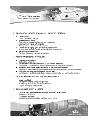   EMOCIONES Y ESTADOS DE ÁNIMO: EL LIDERAZGO EMPÁTICO

      La emociones
      Definición clásica y práctica
      Los estados de ánimo
      Determinar si los estados de ánimo son contagiosos
      Las neuronas espejo y la empatía
      Descripción de cómo practicar la empatía
      Las neuronas espejo y las posiciones perceptuales
      Activando las neuronas espejo desde diferentes dimensiones
      Neurociencias y liderazgo
      Papel del líder como integrador y motivador

   NEUROTRANSMISORES Y CONDUCTA

      Los neurotransmisores
      Definición y descripción
      Efectos de los neurotransmisores en los estados de ánimo
      Descripción de los niveles de los neurotransmisores en los estados de ánimo
      Alimentos adecuados para el equilibrio de los neurotransmisores
      Descripción aspectos alimenticios para el buen funcionamiento de los neurotransmisores
      Utilizando los neurotransmisores a nuestro favor
      Identificación y gestión de actividades laborales relacionadas con los neurotransmisores

   LA PERSONALIDAD DESDE EL ENFOQUE EPIGENÉTICO

      La personalidad
      Descripción desde el enfoque epigenético
      El estrés: personalidad resistente al estrés
      Origen, fisiología y personalidad

   EQUILIBRANDO MENTE Y CUERPO

      Técnicas para mantener el equilibrio en la mente y en el cuerpo
      Descripción de técnicas
      Práctica de técnicas
      Aplicación práctica enfocada al equilibrio cuerpo-mente
 