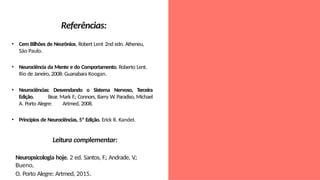 Referências:
• Cem Bilhões de Neurônios, Robert Lent 2nd edn. Atheneu,
São Paulo.
• Neurociência da Mente e do Comportamento. Roberto Lent.
Rio de Janeiro, 2008: Guanabara Koogan.
• Neurociências: Desvendando o Sistema Nervoso, Terceira
Edição. Bear, Mark F.; Connors, Barry W. Paradiso, Michael
A. Porto Alegre: Artmed, 2008.
• Princípios de Neurociências, 5ª Edição. Erick R. Kandel.
Leitura complementar:
Neuropsicologia hoje. 2 ed. Santos, F.; Andrade, V.;
Bueno,
O. Porto Alegre: Artmed, 2015.
 
