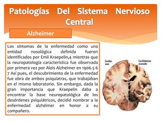Alzheimer 
Los síntomas de la enfermedad como una 
entidad nosológica definida fueron 
identificados por Emil Kraepelin,4 mientras que 
la neuropatología característica fue observada 
por primera vez por Alois Alzheimer en 1906.5 6 
7 Así pues, el descubrimiento de la enfermedad 
fue obra de ambos psiquiatras, que trabajaban 
en el mismo laboratorio. Sin embargo, dada la 
gran importancia que Kraepelin daba a 
encontrar la base neuropatológica de los 
desórdenes psiquiátricos, decidió nombrar a la 
enfermedad alzhéimer en honor a su 
compañero. 
 