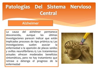Alzheimer 
La causa del alzhéimer permanece 
desconocida, aunque las últimas 
investigaciones parecen indicar que están 
implicados procesos de tipo priónico.14 Las 
investigaciones suelen asociar la 
enfermedad a la aparición de placas seniles 
y ovillos neurofibrilares.15 Los tratamientos 
actuales ofrecen moderados beneficios 
sintomáticos, pero no hay tratamiento que 
retrase o detenga el progreso de la 
enfermedad 
 