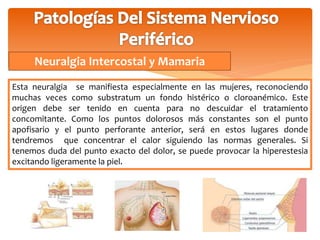 Neuralgia Intercostal y Mamaria 
Esta neuralgia se manifiesta especialmente en las mujeres, reconociendo 
muchas veces como substratum un fondo histérico o cloroanémico. Este 
origen debe ser tenido en cuenta para no descuidar el tratamiento 
concomitante. Como los puntos dolorosos más constantes son el punto 
apofisario y el punto perforante anterior, será en estos lugares donde 
tendremos que concentrar el calor siguiendo las normas generales. Si 
tenemos duda del punto exacto del dolor, se puede provocar la hiperestesia 
excitando ligeramente la piel. 
 