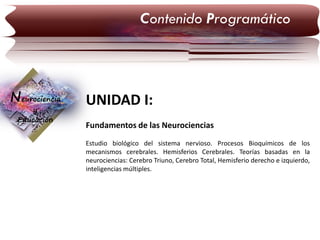 Contenido Programático

Neurociencia
y
Educación

UNIDAD I:
Fundamentos de las Neurociencias
Estudio biológico del sistema nervioso. Procesos Bioquímicos de los
mecanismos cerebrales. Hemisferios Cerebrales. Teorías basadas en la
neurociencias: Cerebro Triuno, Cerebro Total, Hemisferio derecho e izquierdo,
inteligencias múltiples.

 