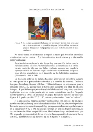 CEREBRO, COGNICIÓN Y MATEMÁTICAS 225
Relime, Vol. 12(2), Julio de 2009
Figura 5. El conteo aparece mediatizado por acciones y gestos. Esta actividad
de conteo reposa en la posición corporal (orientación), un control
preciso de acciones y el papel de los dedos en la realización de esas
acciones.
Al hablar sobre los numerosos ejemplos clínicos que presentan anomalías
relacionadas con los puntos 1, 2 y 3 mencionados anteriormente y la discalculia,
Butterworth dice:
Esos resultados confirman la idea de que hay una conexión íntima entre la
representación de los dedos y la representación de la numerosidad en el lóbulo
parietal izquierdo. Más que eso, dichos resultados sugieren que, cuando la
representación de los dedos no llega a desarrollarse normalmente, eso puede
tener efectos acumulativos en el desarrollo de las habilidades numéricas
(Butterworth, 1999, p. 244).
La discusión anterior no debería hacernos creer que el hemisferio derecho
no toma parte en el pensamiento numérico y el sentido del número. Grafman,
Kampen, Rosenberg, Salazar y Boller (1989) estudiaron a un veterano de guerra,
conocido como J. S., quien perdió el hemisferio izquierdo a la edad de 22 años.
Aunque J.S. perdió la mayor parte de sus habilidades aritméticas y tenía problemas
lingüísticos severos, podía ejecutar ciertas tareas matemáticas simples. No podía
escribir palabras o letras; sin embargo, era capaz de escribir números de uno o dos
dígitos. J. S. podía escribir “7” ó “15”, mas no podía escribir “siete” o “quince”.
J. S. era capaz de hacer adiciones y sustracciones con números de un dígito,
perolasmultiplicacionesylasadicionesleresultabandifíciles,einclusoimposibles.
Tareas de secuencias numéricas donde hay que encontrar el número que falta (como
en la secuencia 6 9 12 ? 18), las cuales suponen un análisis lógico-numérico, se
encontraban más allá de sus posibilidades. Había sin embargo un tipo de tarea que
J.S. respondía generalmente de forma correcta: la comparación de números. En un
test de 32 comparaciones de números de 4 a 5 dígitos, J. S. acertó 31.
 