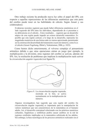 230 LUIS RADFORD, MÉLANIE ANDRÉ
Relime, Vol. 12(2), Julio de 2009
Otro trabajo reciente ha producido nueva luz sobre el papel del IPS, con
respecto a aquellas repercusiones de las diferencias anatómicas que esta parte
del cerebro puede tener en las habilidades de cálculo. Según Ansari y sus
colaboradores:
Evidencias recientes sugieren que puede haber diferencias anatómicas en el
lado izquierdo del IPS entre los individuos, dependiendo de si presentan o
no deficiencias en el cálculo... Estos resultados… sugieren que un desarrollo
atípico de esta región puede impedir un exitoso desarrollo matemático. Es
posible que esta región cortical, a lo largo de su desarrollo, represente las
magnitudes numéricas de una forma cada vez menos aproximada, permitiendo
así la construcción desarrollada del tratamiento exacto de números, como lo es
el cálculo (Ansari Fugelsang, Dhital y Venkatraman, 2006, p. 1825).
Como hemos dicho anteriormente, al volverse complejo el pensamiento
aritmético debido a que otras operaciones entran en juego (por ejemplo, la
multiplicación y la división), otras regiones del cerebro se activan, además del
IPS. Así, la resolución de problemas que implican la multiplicación suele activar
la circunvolución angular izquierda (ver figura 9):
Figura 9. La circunvolución angular izquierda,
mostrada en la foto, se activa
normalmente en la multiplicación de
números.
Algunos investigadores han sugerido que esta región del cerebro [la
circunvolución angular izquierda] es importante para la manipulación de
valores numéricos que son característicos de la matemática en el humano
adulto. Así, el desarrollo conceptual relacionado con las prácticas numéricas
culturales, lingüísticas y simbólicas podría causar cambios en la red de
regiones cerebrales implicadas en la matemática sofisticada de los adultos.
Sin embargo, la base neurológica de los procesos aritméticos realizados sin el
 