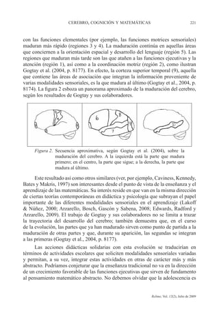 CEREBRO, COGNICIÓN Y MATEMÁTICAS 221
Relime, Vol. 12(2), Julio de 2009
con las funciones elementales (por ejemplo, las funciones motrices sensoriales)
maduran más rápido (regiones 3 y 4). La maduración continúa en aquellas áreas
que conciernen a la orientación espacial y desarrollo del lenguaje (región 5). Las
regiones que maduran más tarde son las que atañen a las funciones ejecutivas y la
atención (región 1), así como a la coordinación motriz (región 2), como ilustran
Gogtay et al. (2004, p. 8177). En efecto, la corteza superior temporal (9), aquella
que contiene las áreas de asociación que integran la información proveniente de
varias modalidades sensoriales, es la que madura al último (Gogtay et al., 2004, p.
8174). La figura 2 esboza un panorama aproximado de la maduración del cerebro,
según los resultados de Gogtay y sus colaboradores.
Figura 2. Secuencia aproximativa, según Gogtay et al. (2004), sobre la
maduración del cerebro. A la izquierda está la parte que madura
primero; en el centro, la parte que sigue; a la derecha, la parte que
madura al último.
Este resultado así como otros similares (ver, por ejemplo, Caviness, Kennedy,
Bates y Makris, 1997) son interesantes desde el punto de vista de la enseñanza y el
aprendizaje de las matemáticas. Su interés reside en que van en la misma dirección
de ciertas teorías contemporáneas en didáctica y psicología que subrayan el papel
importante de las diferentes modalidades sensoriales en el aprendizaje (Lakoff
& Núñez, 2000; Arzarello, Bosch, Gascón y Sabena, 2008; Edwards, Radford y
Arzarello, 2009). El trabajo de Gogtay y sus colaboradores no se limita a trazar
la trayectoria del desarrollo del cerebro; también demuestra que, en el curso
de la evolución, las partes que ya han madurado sirven como punto de partida a la
maduración de otras partes y que, durante su aparición, las segundas se integran
a las primeras (Gogtay et al., 2004, p. 8177).
Las acciones didácticas solidarias con esta evolución se traducirían en
términos de actividades escolares que soliciten modalidades sensoriales variadas
y permitan, a su vez, integrar estas actividades en otras de carácter más y más
abstracto. Podríamos conjeturar que la enseñanza tradicional no va en la dirección
de un crecimiento favorable de las funciones ejecutivas que sirven de fundamento
al pensamiento matemático abstracto. No debemos olvidar que la adolescencia es
 