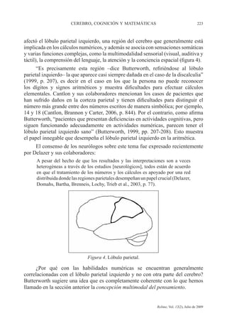 CEREBRO, COGNICIÓN Y MATEMÁTICAS 223
Relime, Vol. 12(2), Julio de 2009
afectó el lóbulo parietal izquierdo, una región del cerebro que generalmente está
implicada en los cálculos numéricos, y además se asocia con sensaciones somáticas
y varias funciones complejas, como la multimodalidad sensorial (visual, auditiva y
táctil), la comprensión del lenguaje, la atención y la conciencia espacial (figura 4).
“Es precisamente esta región –dice Butterworth, refiriéndose al lóbulo
parietal izquierdo– la que aparece casi siempre dañada en el caso de la discalculia”
(1999, p. 207), es decir en el caso en los que la persona no puede reconocer
los dígitos y signos aritméticos y muestra dificultades para efectuar cálculos
elementales. Cantlon y sus colaboradores mencionan los casos de pacientes que
han sufrido daños en la corteza parietal y tienen dificultades para distinguir el
número más grande entre dos números escritos de manera simbólica; por ejemplo,
14 y 18 (Cantlon, Brannon y Carter, 2006, p. 844). Por el contrario, como afirma
Butterworth, “pacientes que presentan deficiencias en actividades cognitivas, pero
siguen funcionando adecuadamente en actividades numéricas, parecen tener el
lóbulo parietal izquierdo sano” (Butterworth, 1999, pp. 207-208). Esto muestra
el papel innegable que desempeña el lóbulo parietal izquierdo en la aritmética.
El consenso de los neurólogos sobre este tema fue expresado recientemente
por Delazer y sus colaboradores:
A pesar del hecho de que los resultados y las interpretaciones son a veces
heterogéneas a través de los estudios [neurológicos], todos están de acuerdo
en que el tratamiento de los números y los cálculos es apoyado por una red
distribuida donde las regiones parietales desempeñan un papel crucial (Delazer,
Domahs, Bartha, Brenneis, Lochy, Trieb et al., 2003, p. 77).
Figura 4. Lóbulo parietal.
¿Por qué con las habilidades numéricas se encuentran generalmente
correlacionadas con el lóbulo parietal izquierdo y no con otra parte del cerebro?
Butterworth sugiere una idea que es completamente coherente con lo que hemos
llamado en la sección anterior la concepción multimodal del pensamiento.
 