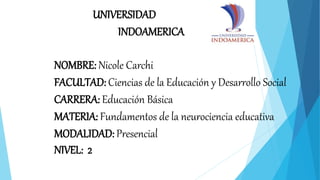 NOMBRE: Nicole Carchi
FACULTAD: Ciencias de la Educación y Desarrollo Social
CARRERA: Educación Básica
MATERIA: Fundamentos de la neurociencia educativa
MODALIDAD: Presencial
NIVEL: 2
UNIVERSIDAD
INDOAMERICA
 