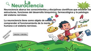 Neurociencia abarca los conocimientos y disciplinas científicas que estudian las
estructuras, funciones del desarrollo bioquímico, farmacológico y la patología
del sistema nervioso.
La neurociencia tiene como objeto de estudio
comprender el funcionamiento de la mente
humana o el sistema nervioso.
La
Neurociencia
neuros = nervios.
Estudia el
sistema
nervioso
 