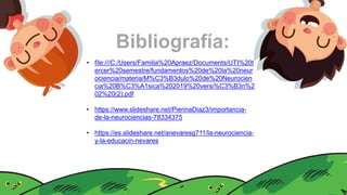 Bibliografía:
IDEA 1 IDEA 2
• file:///C:/Users/Familia%20Apraez/Documents/UTI%20t
ercer%20semestre/fundamentos%20de%20la%20neur
ociencia/materia/M%C3%B3dulo%20de%20Neurocien
cia%20B%C3%A1sica%202019%20versi%C3%B3n%2
02%20(2).pdf
• https://www.slideshare.net/PierinaDiaz3/importancia-
de-la-neurociencias-78334375
• https://es.slideshare.net/anevaresg711/la-neurociencia-
y-la-educacin-nevares
 