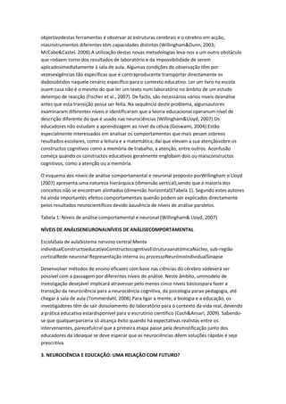 objectivodestas ferramentas é observar as estruturas cerebrais e o cérebro em acção,
masinstrumentos diferentes têm capacidades distintas (Willingham&Dunn, 2003;
McCabe&Castel, 2008).A utilização destas novas metodologias leva-nos a um outro obstáculo
que rodaem torno dos resultados de laboratório e da impossibilidade de serem
aplicadosimediatamente à sala de aula. Algumas condições de observação têm por
vezesexigências tão específicas que é contraproducente transportar directamente os
dadosobtidos naquele cenário específico para o contexto educativo. Ler um livro na escola
ouem casa não é o mesmo do que ler um texto num laboratório no âmbito de um estudo
detempo de reacção (Fischer et al., 2007). De facto, são necessários vários níveis deanálise
antes que esta transição possa ser feita. Na sequência deste problema, algunsautores
examinaram diferentes níveis e identificaram que a teoria educacional operanum nível de
descrição diferente do que é usado nas neurociências (Willingham&Lloyd, 2007).Os
educadores não estudam a aprendizagem ao nível da célula (Goswami, 2004).Estão
especialmente interessados em analisar os comportamentos que mais pesam sobreos
resultados escolares, como a leitura e a matemática, daí que elevam a sua atençãosobre os
constructos cognitivos como a memória de trabalho, a atenção, entre outros. Aconfusão
começa quando os constructos educativos geralmente englobam dois ou maisconstructos
cognitivos, como a atenção ou a memória.
O esquema dos níveis de análise comportamental e neuronal proposto porWillingham e Lloyd
(2007) apresenta uma natureza hierárquica (dimensão vertical),sendo que a maioria dos
conceitos não se encontram alinhados (dimensão horizontal)(Tabela 1). Segundo estes autores
há ainda importantes efeitos comportamentais quenão podem ser explicados directamente
pelos resultados neurocientíficos devido àausência de níveis de análise paralelos.
Tabela 1: Níveis de análise comportamental e neuronal (Willingham& Lloyd, 2007)
NÍVEIS DE ANÁLISENEURONALNÍVEIS DE ANÁLISECOMPORTAMENTAL
EscolaSala de aulaSistema nervoso central Mente
individualConstructoeducativoConstructocognitivoEstruturaanatómicaNúcleo, sub-região
corticalRede neuronal Representação interna ou processoNeurónioIndividualSinapse
Desenvolver métodos de ensino eficazes com base nas ciências do cérebro sódeverá ser
possível com a passagem por diferentes níveis de análise. Neste âmbito, ummodelo de
investigação desejável implicará atravessar pelo menos cinco níveis básicospara fazer a
transição da neurociência para a neurociência cognitiva, da psicologia paraa pedagogia, até
chegar à sala de aula (Tommerdahl, 2008).Para ligar a mente, a biologia e a educação, os
investigadores têm de sair doisolamento do laboratório para o contexto da vida real, devendo
a prática educativa estardisponível para o escrutínio científico (Coch&Ansari, 2009). Sabendo-
se que qualquerparceria só alcança êxito quando há expectativas realistas entre os
intervenientes, parecefulcral que a primeira etapa passe pela desmistificação junto dos
educadores da ideiaque se deve esperar que as neurociências dêem soluções rápidas e seja
prescritiva.
3. NEUROCIÊNCIA E EDUCAÇÃO: UMA RELAÇÃO COM FUTURO?
 