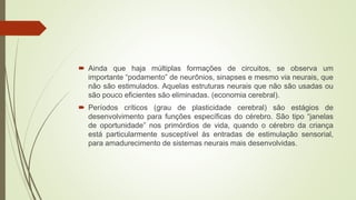  Ainda que haja múltiplas formações de circuitos, se observa um
importante “podamento” de neurônios, sinapses e mesmo via neurais, que
não são estimulados. Aquelas estruturas neurais que não são usadas ou
são pouco eficientes são eliminadas. (economia cerebral).
 Períodos críticos (grau de plasticidade cerebral) são estágios de
desenvolvimento para funções específicas do cérebro. São tipo “janelas
de oportunidade” nos primórdios de vida, quando o cérebro da criança
está particularmente susceptível às entradas de estimulação sensorial,
para amadurecimento de sistemas neurais mais desenvolvidas.
 