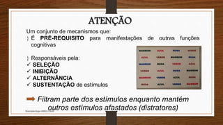 ATENÇÃO
Um conjunto de mecanismos que:
 É PRÉ-REQUISITO para manifestações de outras funções
cognitivas
 Responsáveis pela:
 SELEÇÃO
 INIBIÇÃO
 ALTERNÂNCIA
 SUSTENTAÇÃO de estímulos
Filtram parte dos estímulos enquanto mantém
outros estímulos afastados (distratores)Neuropsicóloga GISELE CALIA
 